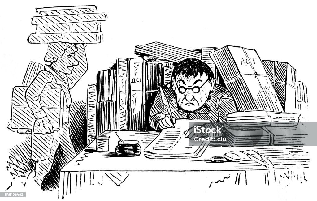 Man working at desk surrounded by  too many documents Illustration from 19th century 1890-1899 stock illustration