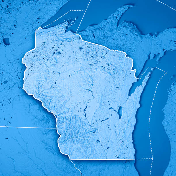 mapa topográfico de los e.e.u.u. estado de wisconsin render 3d azul frontera - winnebago fotografías e imágenes de stock