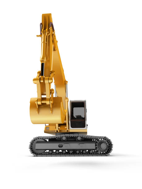 istock Hydraulic Excavator with bucket at foreground. 3d illustration. Front view. Wide angle. Isolated on white 845111982