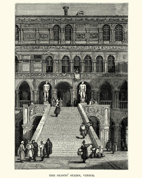 ilustraciones, imágenes clip art, dibujos animados e iconos de stock de escalera de gigantes del palacio ducal en venecia, siglo xix - doges palace palazzo ducale staircase steps