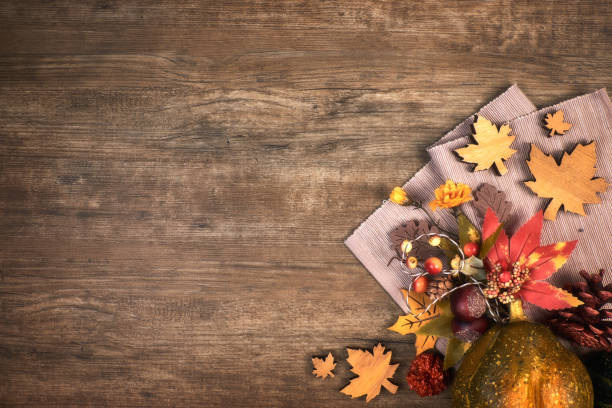 istock Oak wooden background with Autumn decorations, space 845119686