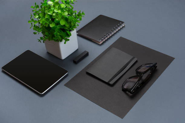 istock Set of black office stationery on a gray background, flat lay 845125678