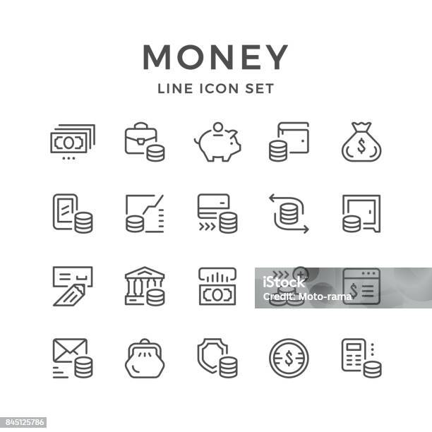 Ilustración de Línea Set De Iconos De Dinero y más Vectores Libres de Derechos de Ícono - Ícono, Hucha cerdito, Banco - Edificio financiero