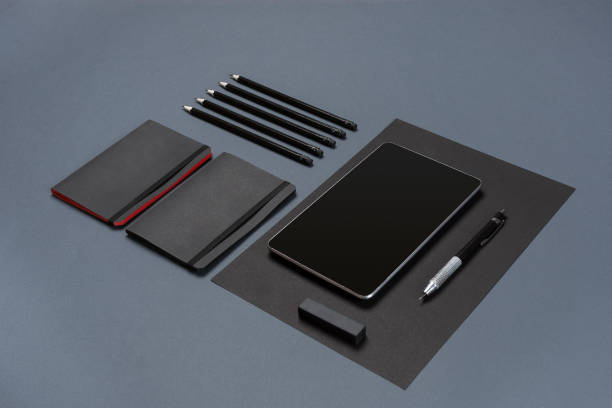 istock Set of black office stationery on a gray background, flat lay 845125830