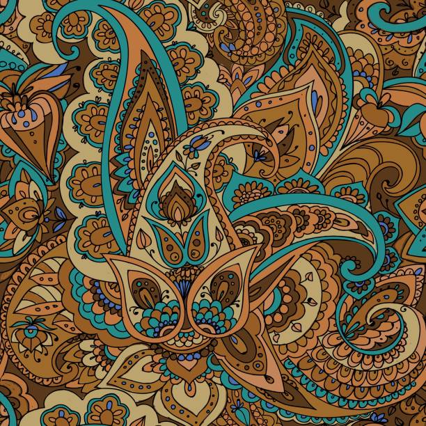 Paisley Seamless pattern of "Paisley" based on traditional oriental patterns. Hand drawing. Vintage style. Ochre, blue bedpan stock illustrations