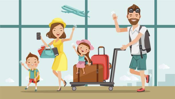 ilustraciones, imágenes clip art, dibujos animados e iconos de stock de el check-in - viajes familiares