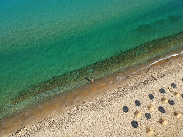 Beach of Guzelcamli, Davutlar, Kusadasi, Aydin, Turkey Aerial view of the beach of Guzelcamli, Davutlar beach umbrella aerial stock pictures, royalty-free photos & images