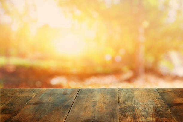 istock Empty table in front of blurry autumn background. Ready for product display montage 845152702