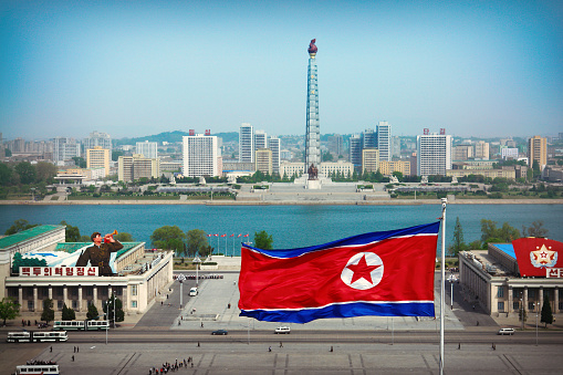 The Kim Il-sung Square, Taedong River and the Juche Tower monument