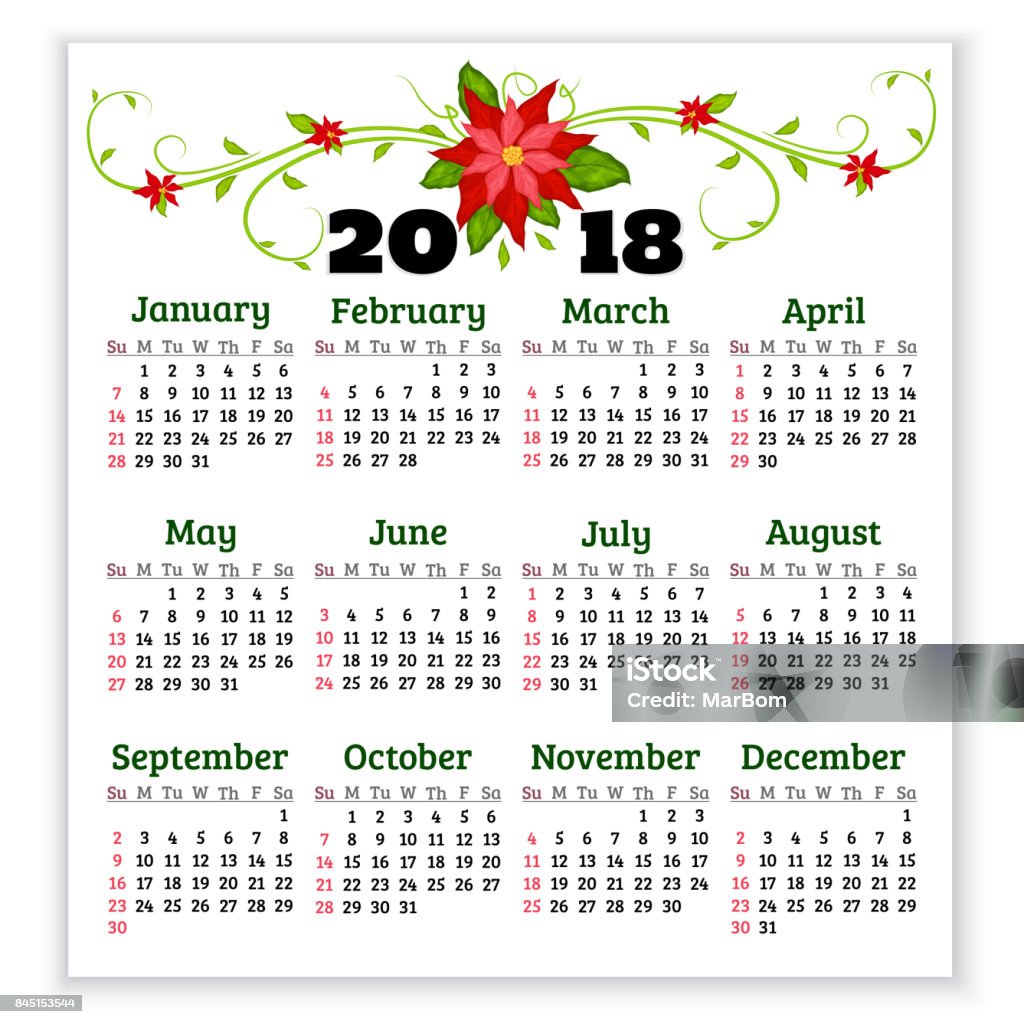 Ilustración de Calendario De Vector Año 2018 Con Flores De Nochebuena La  Semana Empieza En Domingo y más Vectores Libres de Derechos de 2018 - iStock