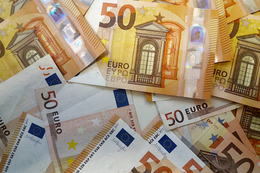 Close up on a stack of Fifty Euro Banknotes.