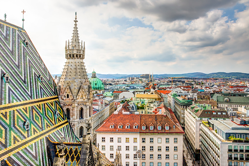 Stephansdom cathedral and aerial view over Vienna (Austria)