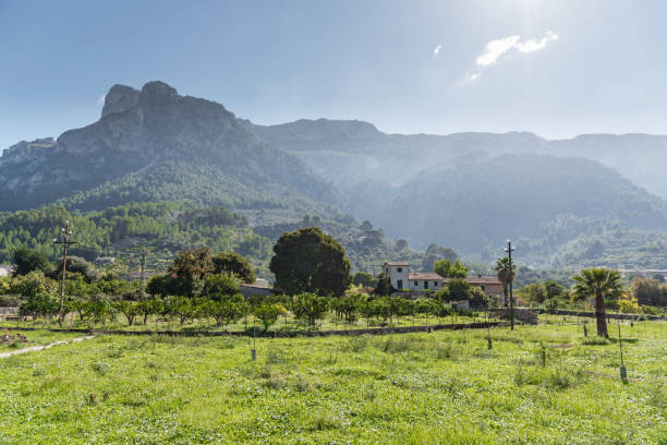 pueblo pintoresco en el paisaje de las montañas de tramuntana en la isla de mallorca, españa - fornalutx majorca spain village fotografías e imágenes de stock