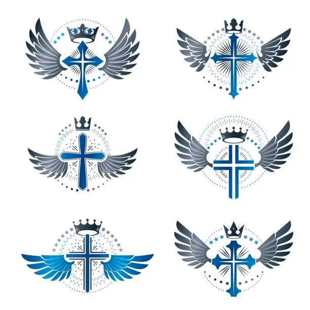 Vector illustration of Crosses of Christianity emblems set. Heraldic vector design elements collection. Retro style label, heraldry.