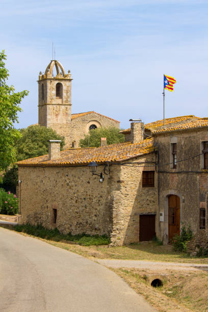 Small town in Catalonia where the flag is proudly being displayed stock photo