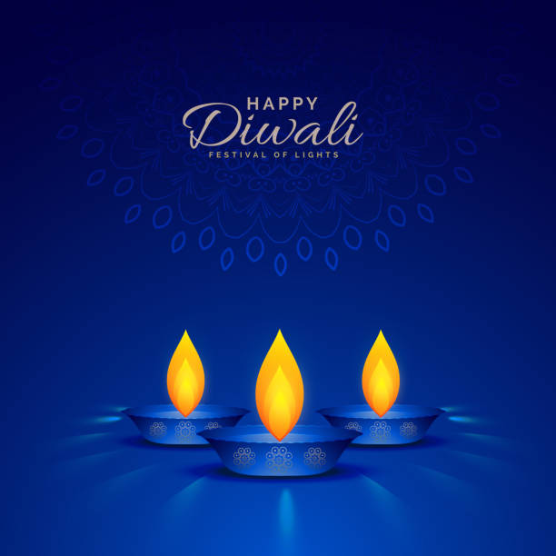 abbildung des brennens diya auf blauem hintergrund für happy diwali-fest - diya öllampe stock-grafiken, -clipart, -cartoons und -symbole