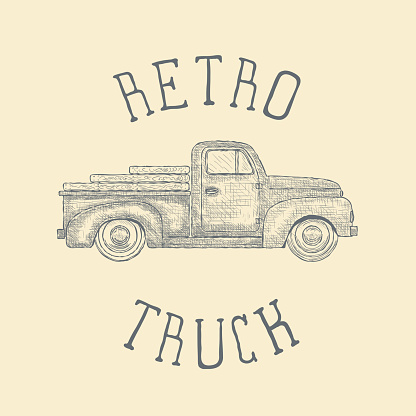 Hand drawn Engraved Retro Vintage Pickup Truck. Vector illustration