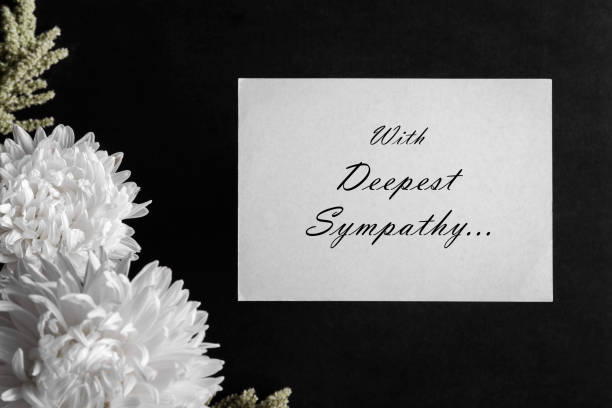 istock White blank condolence card with text and white aster flower on the dark background. 845209740
