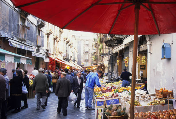 istock Red umbrella market Street 845214016
