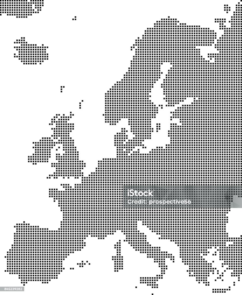 Pontos de mapa Europa altamente detalhados, pontilhada de contorno de vetor Europa mapa, mapa da Europa em fundo preto e branco ilustração pixelizada - Vetor de Mapa royalty-free