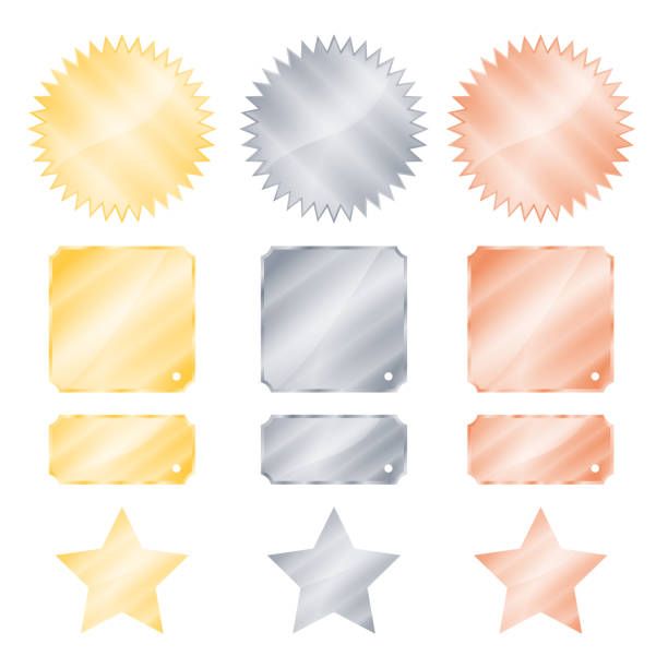istock set gold silver and bronze glossy vector stickers in the shape of a circle with a square rectangle teeth and stars 845268142