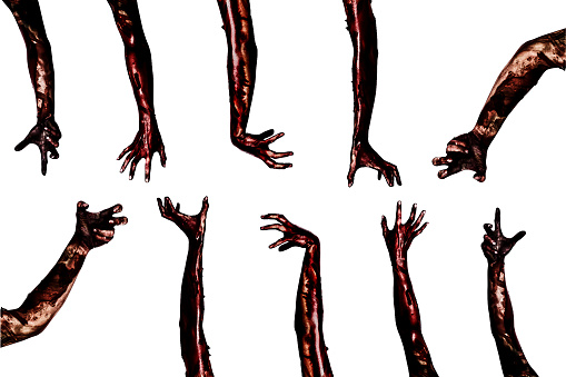 Zombie de Halloween tema: sangre de las manos sobre fondo blanco, zombie, demonio, asesino, loco con trazado de recorte. photo