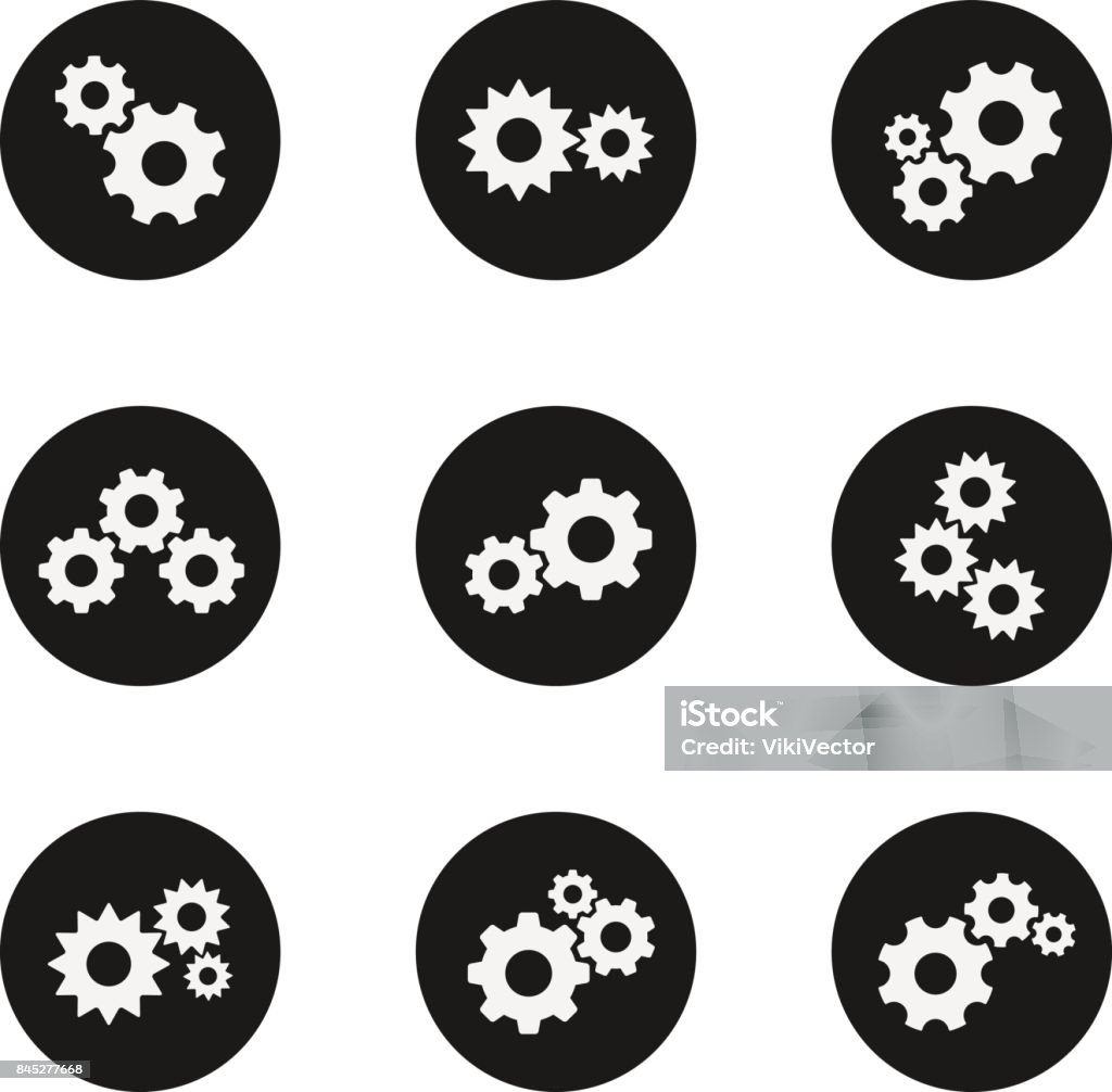 Gear flat wheels icon set Gear icon set. Motor vehicle, bicycle, metal gadget, car element. Poster for technical design. Vector flat style illustration isolated on white background Icon Symbol stock vector