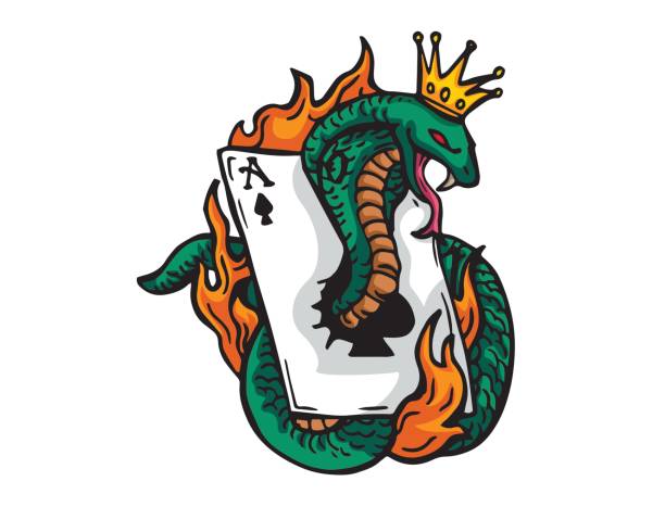Flaming Gambling King Cobra Illustration Flaming Gambling King Cobra Vintage Tattoo Art Illustration poker card tattoos stock illustrations