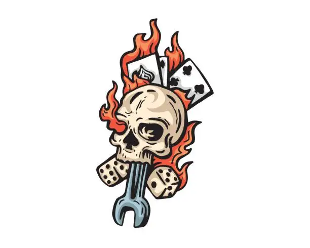 Vector illustration of Flaming Skeleton Spade Head And Card Illustration