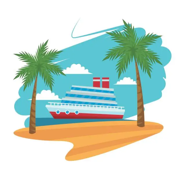 Vector illustration of travel cruise ship passenger sea beach palm design