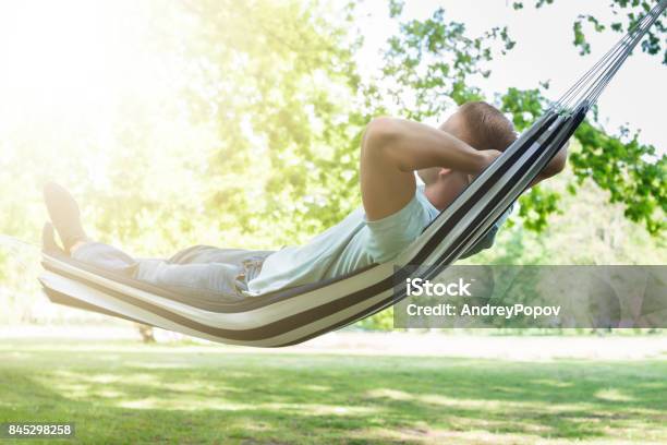 Man Relaxing In Hammock Stock Photo - Download Image Now - Hammock, Men, Yard - Grounds