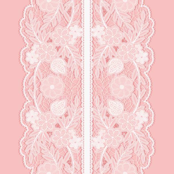 illustrazioni stock, clip art, cartoni animati e icone di tendenza di motivo senza cuciture in pizzo bianco di ampio nastro floreale verticale. - backgrounds pink femininity ribbon