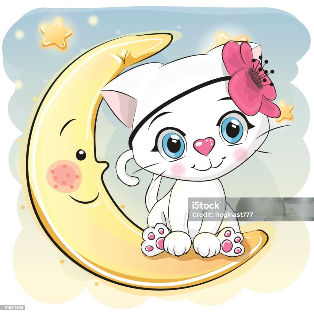 Cute Cartoon white kitten on the moon Cute Cartoon white kitten whith flower is sitting on the moon Animal stock vector