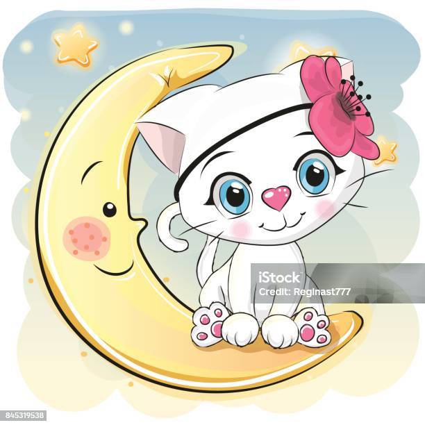 Cute Cartoon White Kitten On The Moon Stock Illustration - Download Image Now - Animal, Animal Back, Arts Culture and Entertainment