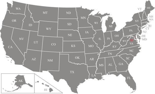 ilustracja konturu wektorowego mapy usa ze skróconymi nazwami stanów oraz lokalizacją i nazwą stolicy, waszyngton, w szarym tle - maryland map vector shape stock illustrations