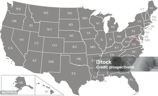 Us Map Vector Outline Illustration With Abbreviated States Names And Capital Location And Name Washington Dc In Gray Background Stock Illustration - Download Image Now