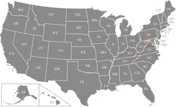 Vector illustration of US map vector outline illustration with abbreviated states names and capital location and name, Washington DC, in gray background