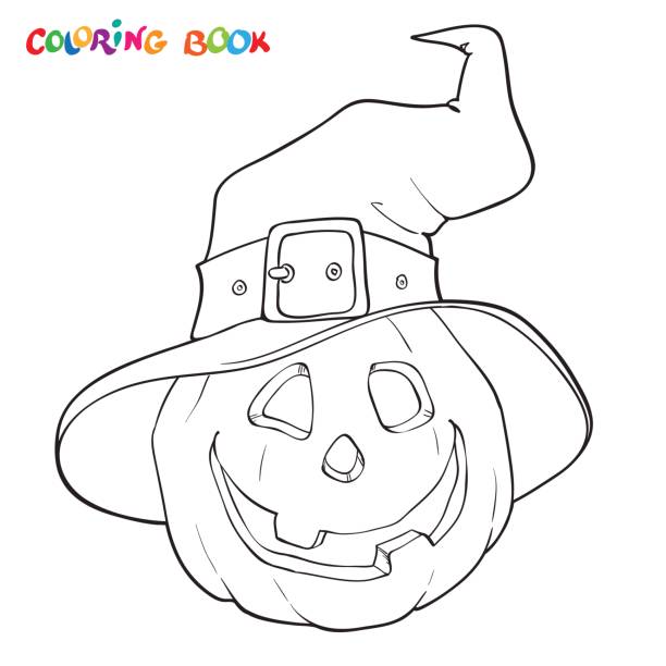 illustrazioni stock, clip art, cartoni animati e icone di tendenza di libro da colorare di halloween. zucca nel cappello. - witchs hat