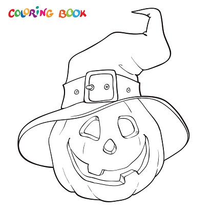 Halloween coloring book or page. Pumpkin in the hat.