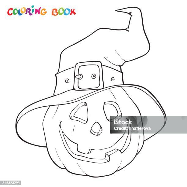 Halloween Coloring Book Pumpkin In The Hat Stock Illustration - Download Image Now - Coloring, Halloween, Witch's Hat