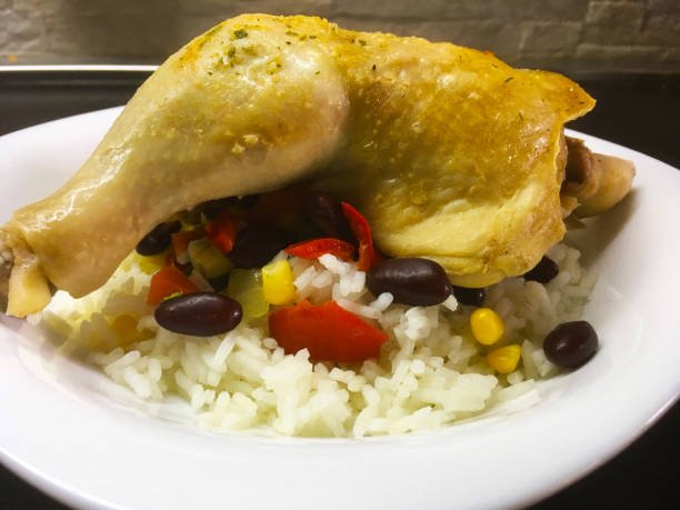 istock Chicken and rice on the plate, close up 845332554