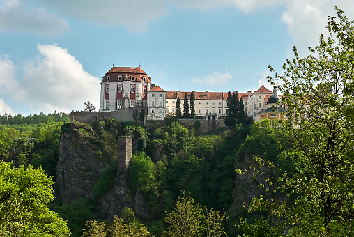 Vranov nad Dyji, Czech Republic - May 08, 2013: Baroque style chateau Vranov nad Dyji is located in the South Moravia, Czech Republic. First mentioned in 1100 as a border sentry castle. General view from the twon Vranov nad Dyji