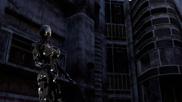 istock Futuristic Cyborg in dark room 845358372