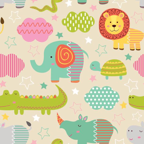ジャングル動物の赤ちゃんとのシームレスなパターン - turtle backgrounds humor vector点のイラスト素材／クリップアート素材／マンガ素材／アイコン素材