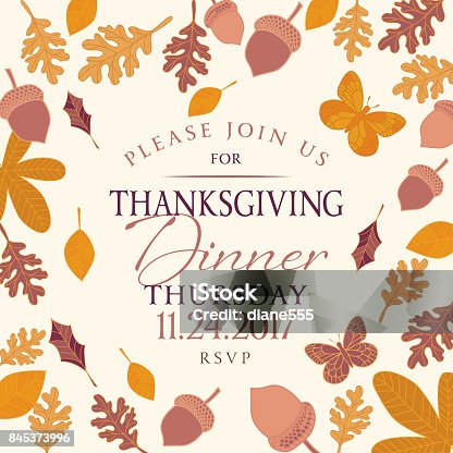 istock Hand Drawn Fall Leaves Background With Thanksgiving Dinner Invitation 845373996