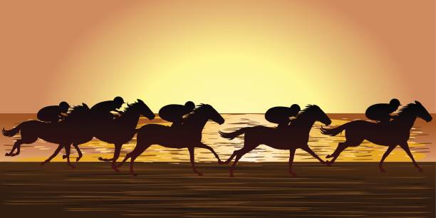Horse Race In Beach Silhouette horses running in a beach at evening horse race event wrexham stock illustrations