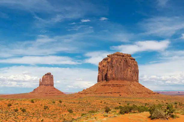 The world famous buttes in Monument Valley (East Mitten left) inside the Navajo Tribe Nation in the state of Arizona, USA.