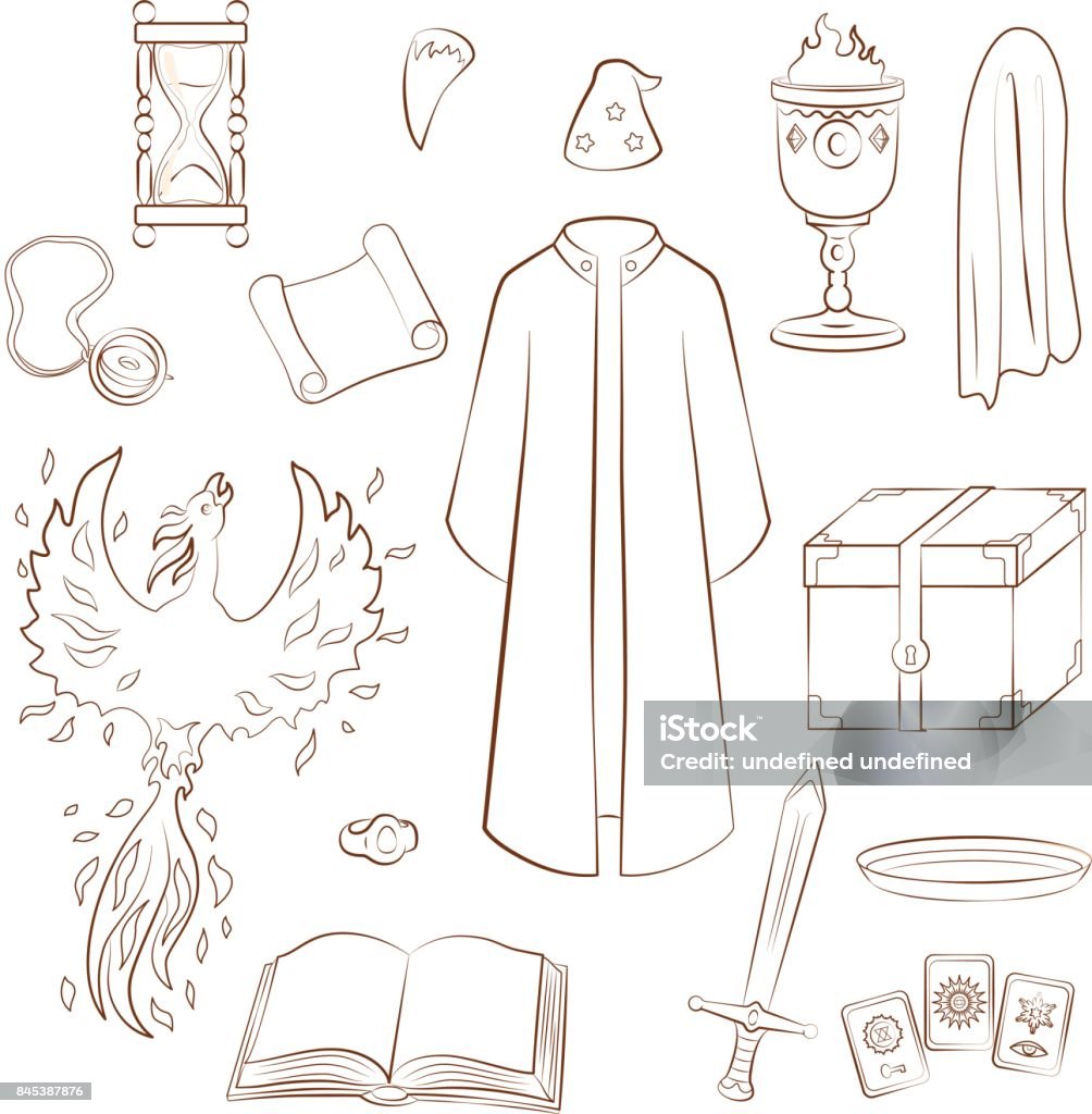 wizard Set to play a wizard. Things magician: mantle, sword, cup, ring, chest, fang, Phoenix, hourglass, mantle of invisibility, cards. Alchemy stock vector