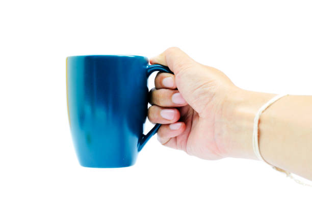 istock Right hand of hipster holding blue coffee cup on white backgrounds 845393112