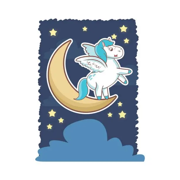 Vector illustration of unicorn magical horse pony wings with moon star cloud card